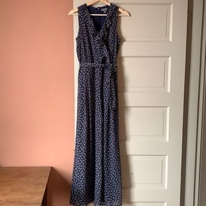 Point Sur for J.Crew Navy Metallic Floral Ruffle Wide Leg Wrap Jumpsuit - 0